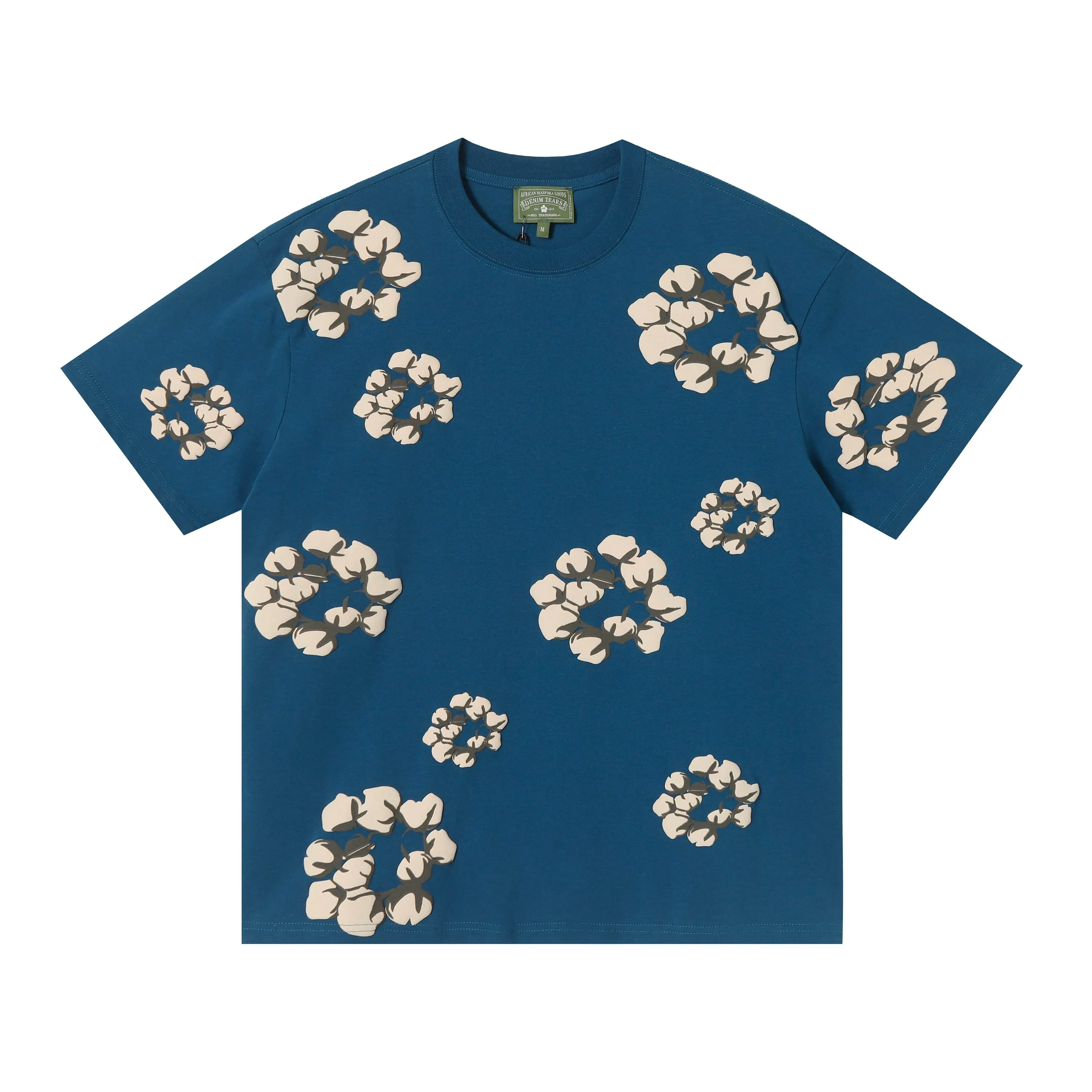 8201# 8 color set DENIM TEARS Kapok European and American fashion brand high quality foam flocking printed short sleeves Color Black Yellow Green Yellow Gray Royal Blue Pink Peacock Blue Size S-XL